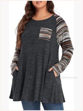 Plus Size Long Sleeve Raglan Tunic Top with Pockets